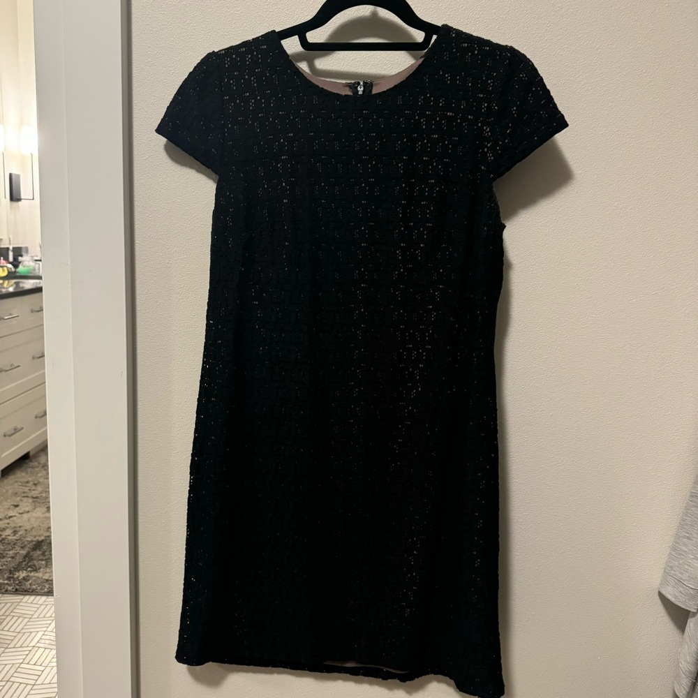 Suzi Chin black eyelet lined cap sleeve shift dress
